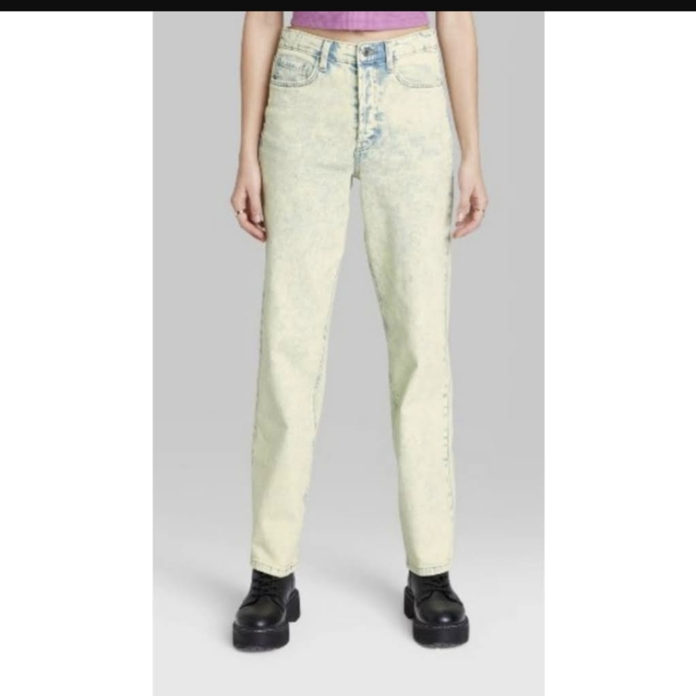 Lime Green Acid Highest Rise 90s Straight Leg Buttons Jeans fray Wild Fable